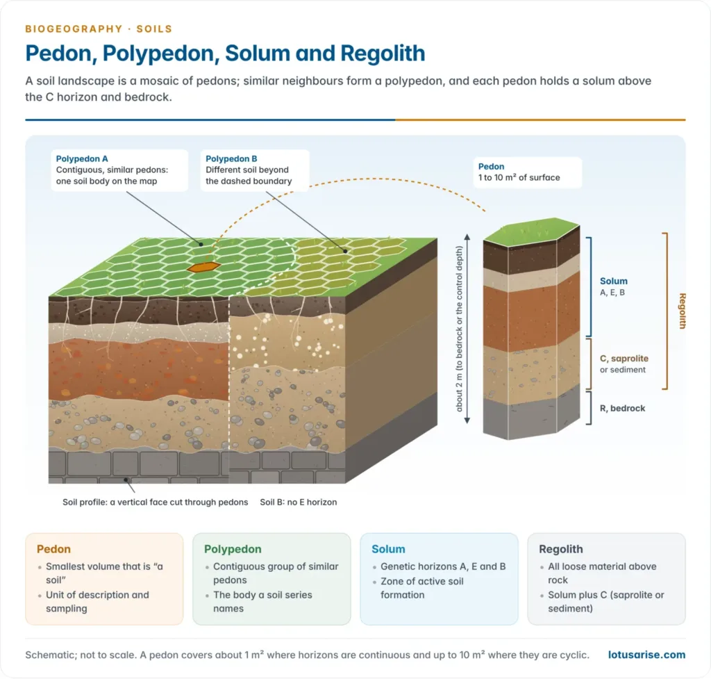 Block diagram of a soil landscape showing a polypedon made of contiguous pedons, one pedon pulled out as a hexagonal column, its profile face, and brackets marking the solum, the regolith with saprolite, and the bedrock
