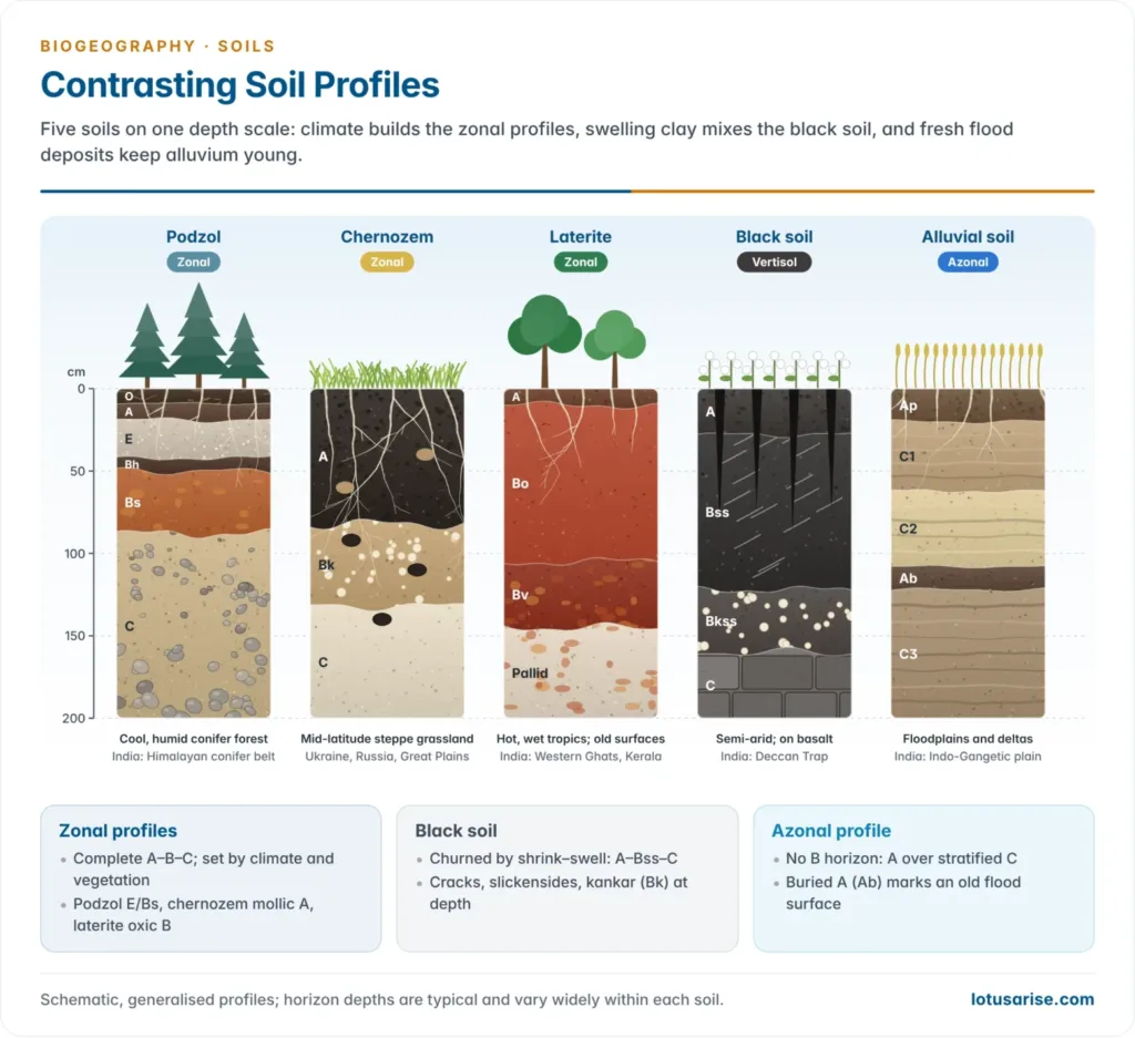 Side-by-side soil profiles of a podzol, a chernozem, a laterite, a black cotton soil and an azonal alluvial soil, drawn to a common depth scale with their horizons labelled