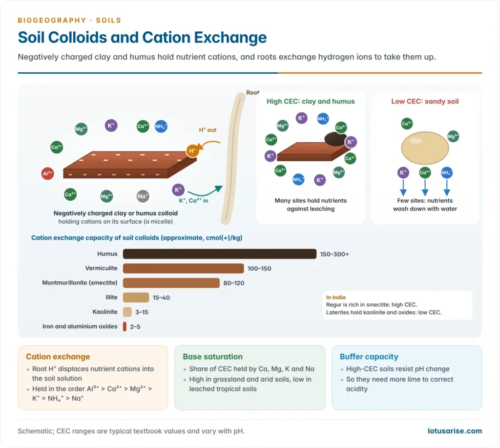 A negatively charged clay-humus colloid holding calcium, magnesium, potassium, ammonium, hydrogen and sodium ions, with a root exchanging hydrogen for nutrient cations, beside a comparison of a high-CEC clay soil and a low-CEC sandy soil