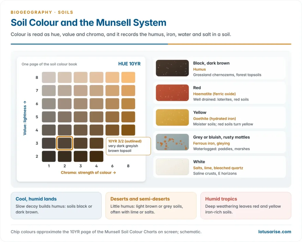 A Munsell soil colour chart page for hue 10YR with value on the vertical axis and chroma on the horizontal axis, beside colour swatches linking black, red, yellow, grey-mottled and white soils to humus, haematite, goethite, waterlogging and salts
