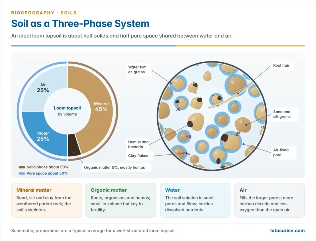 Pie diagram of an ideal loam topsoil by volume, with 45 per cent mineral matter, 5 per cent organic matter, 25 per cent water and 25 per cent air, beside a magnified view of grains, humus, water films and air-filled pores
