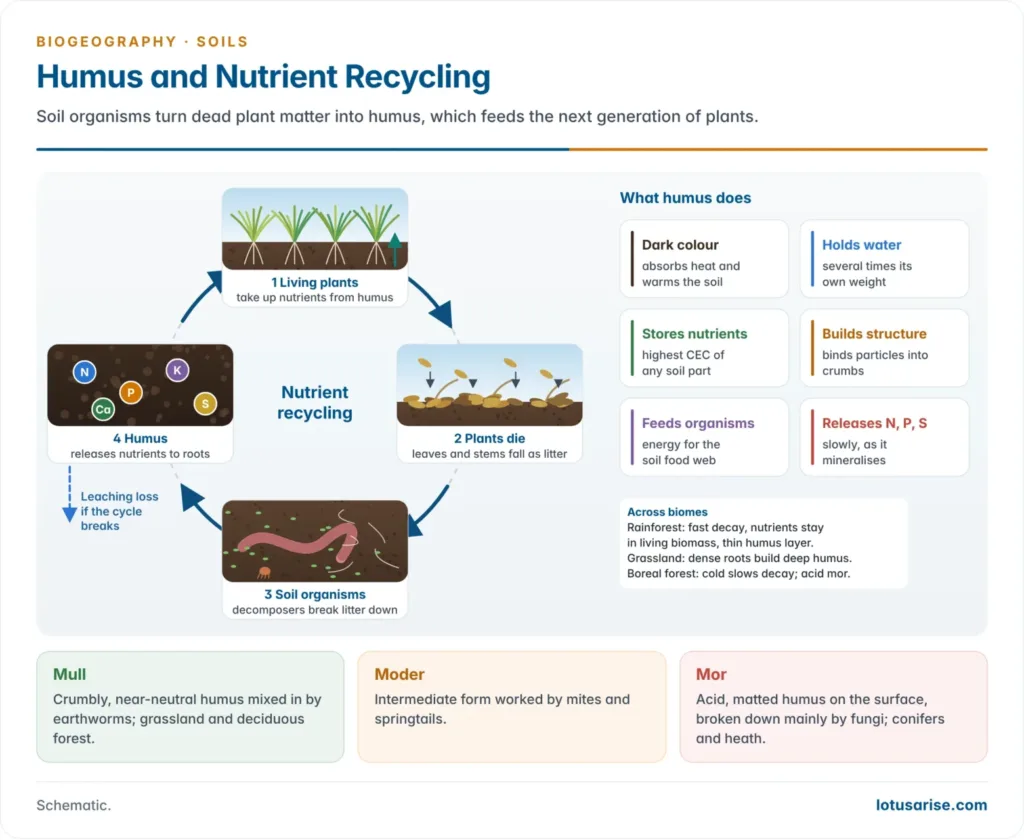 Nutrient cycle in which living plants take up nutrients, plants die and fall as litter, soil organisms break litter down to humus and humus releases nutrients back to roots, with the main properties of humus listed alongside
