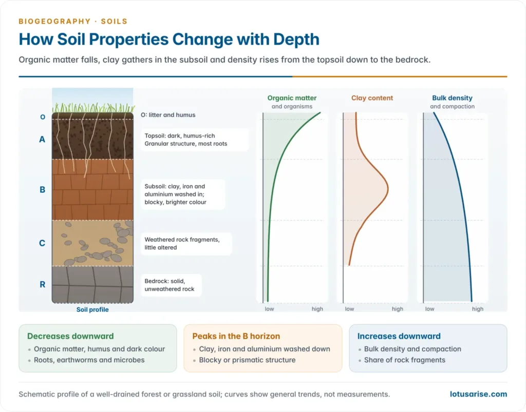 Soil profile with A, B, C horizons and bedrock, beside graphs showing organic matter and biological activity falling with depth and bulk density rising, and notes on colour and structure in each horizon