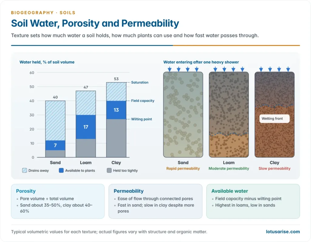 Bar chart of saturation, field capacity, wilting point and available water for sand, loam and clay, beside a comparison of infiltration and permeability that is fast in sand, moderate in loam and slow in clay