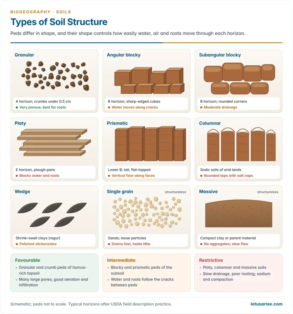 Drawings of granular, angular and subangular blocky, platy, prismatic, columnar, wedge, single-grain and massive soil structures, with the horizon or soil in which each is typical and its effect on water movement