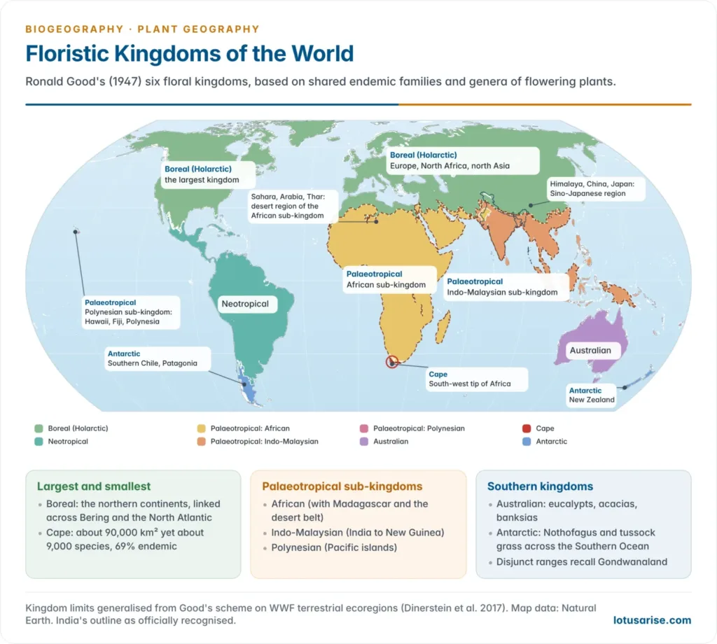 World map of Ronald Good's six floristic kingdoms, Boreal, Palaeotropical with its three sub-kingdoms, Neotropical, Australian, Cape and Antarctic, generalised from WWF ecoregion boundaries