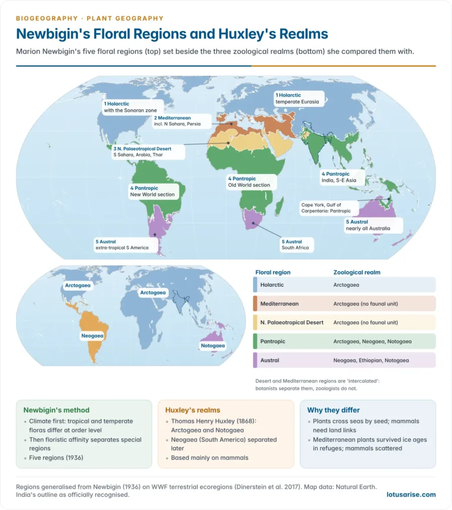 Two world maps comparing Marion Newbigin's five floral regions, Holarctic, Mediterranean, Northern Palaeotropical Desert, Pantropic and Austral, with Huxley's three zoological realms Arctogaea, Neogaea and Notogaea
