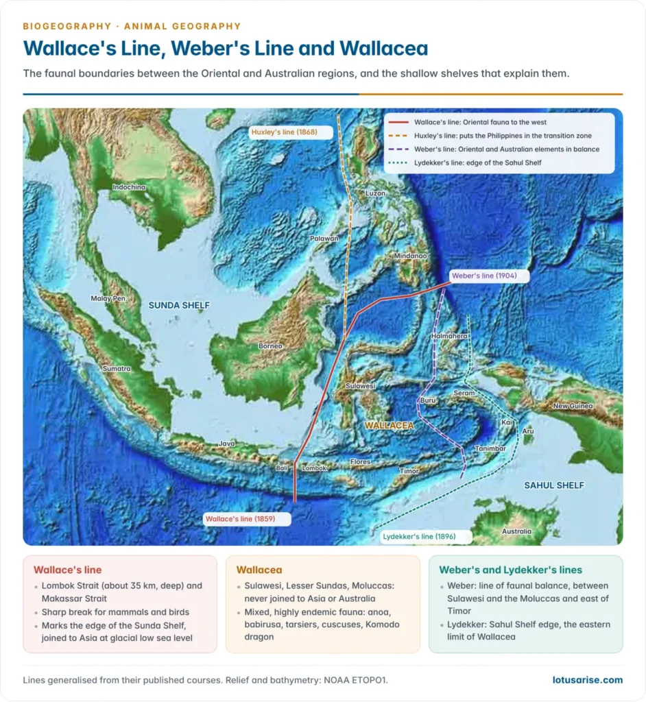 Regional relief map of the Malay Archipelago showing the Sunda and Sahul shelves, Wallace's line through the Lombok and Makassar straits, Huxley's line west of the Philippines, Weber's line of faunal balance and Lydekker's line along the Sahul Shelf edge, enclosing Wallacea