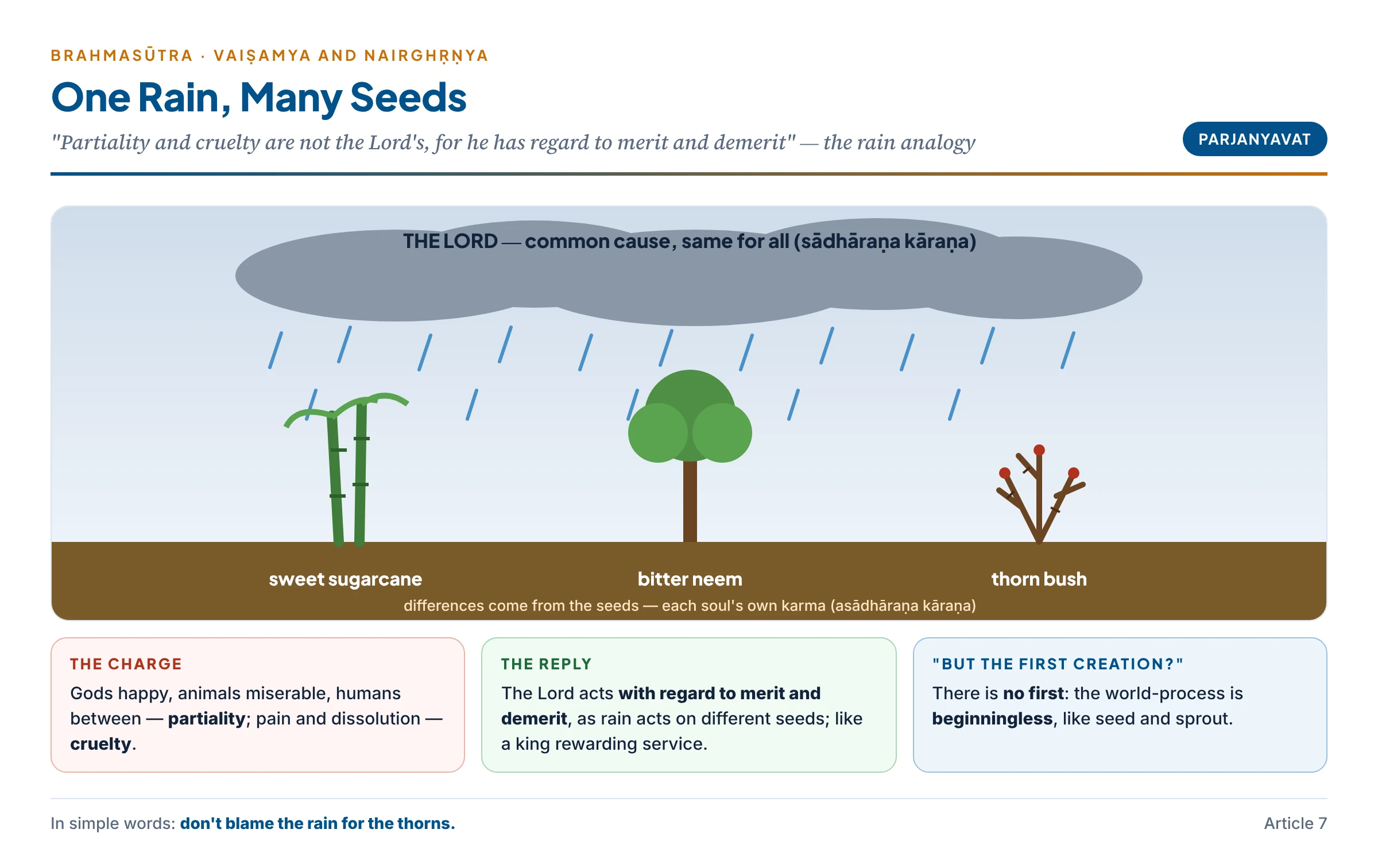 The rain analogy of the Brahmasūtra — the same rain falls on different seeds, which grow into sugarcane, neem and thorn bush according to their own nature; the Lord is the common cause, karma the special cause