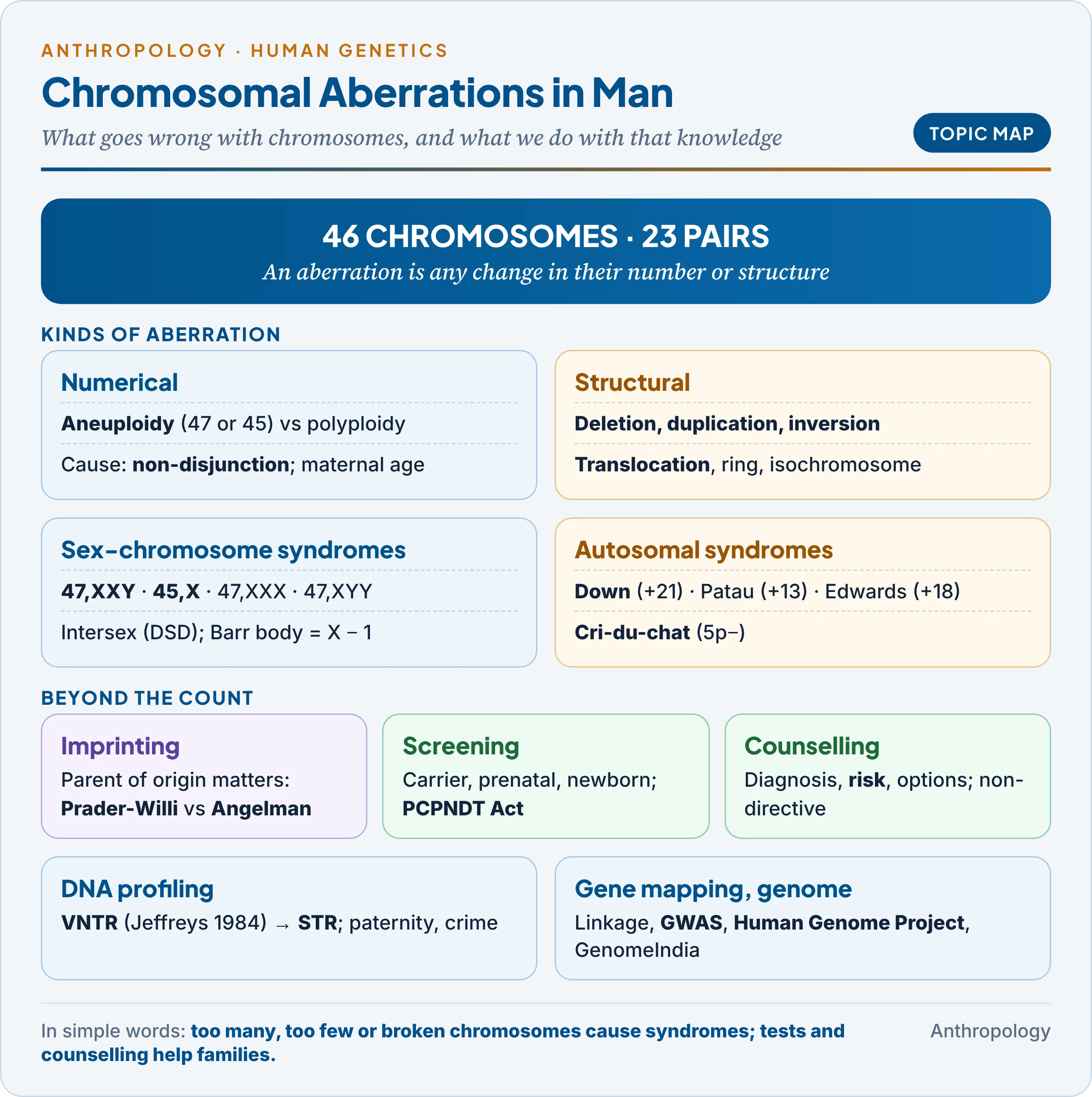 Topic map: chromosomes and methods; numerical aberrations and non-disjunction; sex-chromosome syndromes; autosomal syndromes; structural aberrations; imprinting; screening and counselling; DNA profiling; gene mapping and genome study