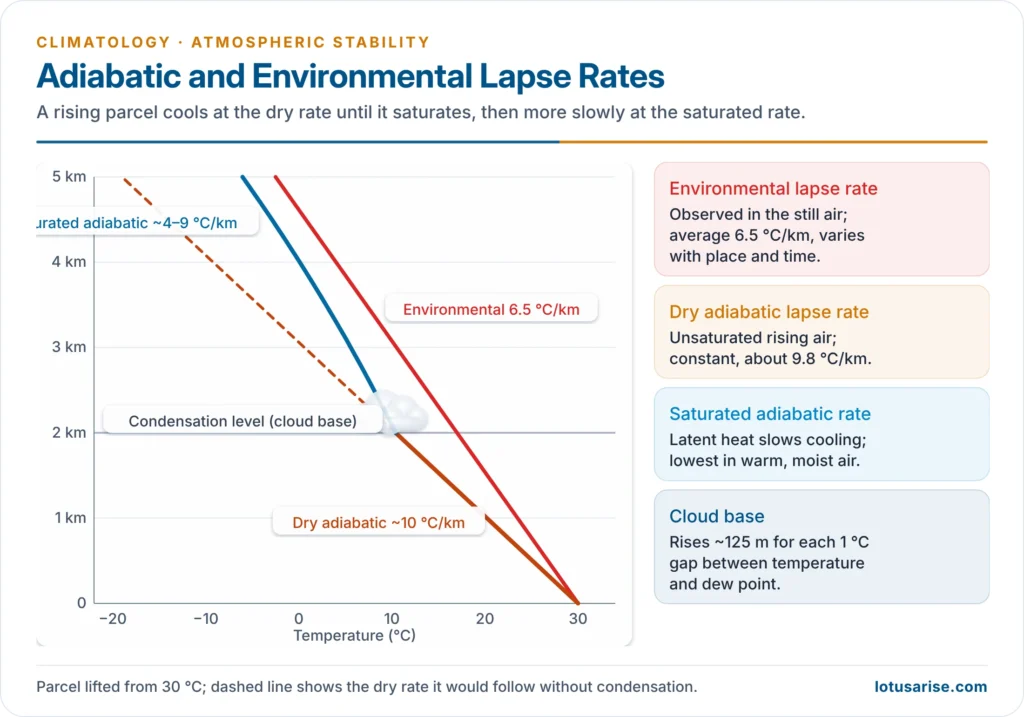 Dry and saturated adiabatic lapse rates of a rising parcel compared with the environmental lapse rate, with the condensation level