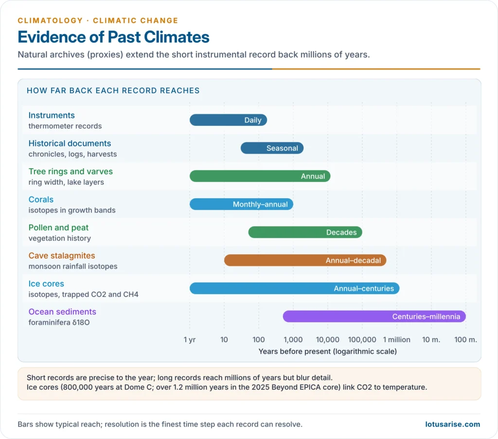 Climate proxies compared: ice cores, ocean sediments, pollen, tree rings, corals and cave records with their time reach