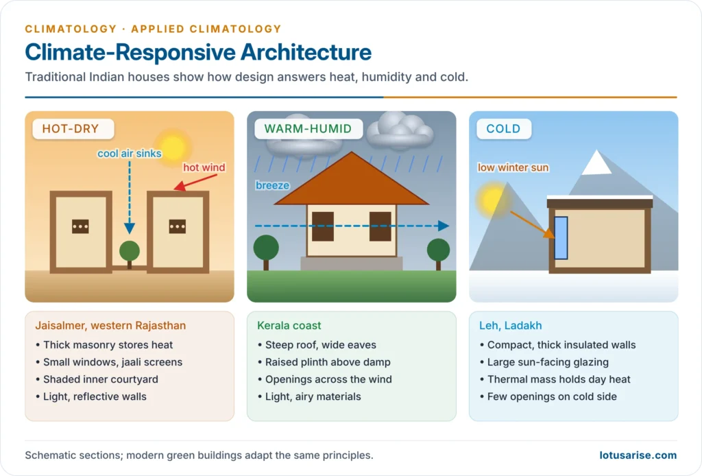 Climate-responsive house designs for hot-dry, warm-humid and cold climates with Indian examples