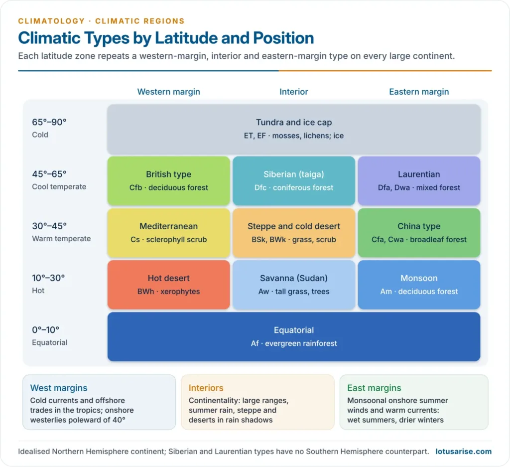 World climatic types arranged by latitude zone and by western margin, interior and eastern margin of a continent