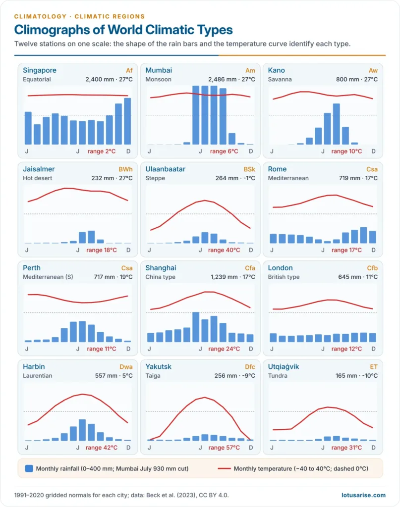 Climographs of twelve stations showing monthly temperature and rainfall for the major world climatic types