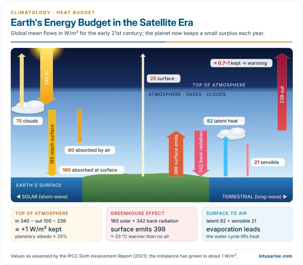 Modern global energy budget of the Earth in watts per square metre