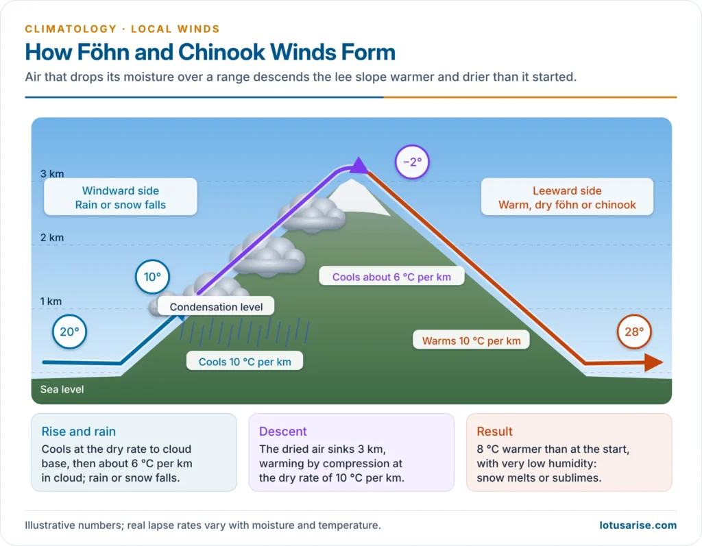 Föhn and chinook mechanism: moist ascent and rain on the windward side, dry adiabatic warming on the leeward side