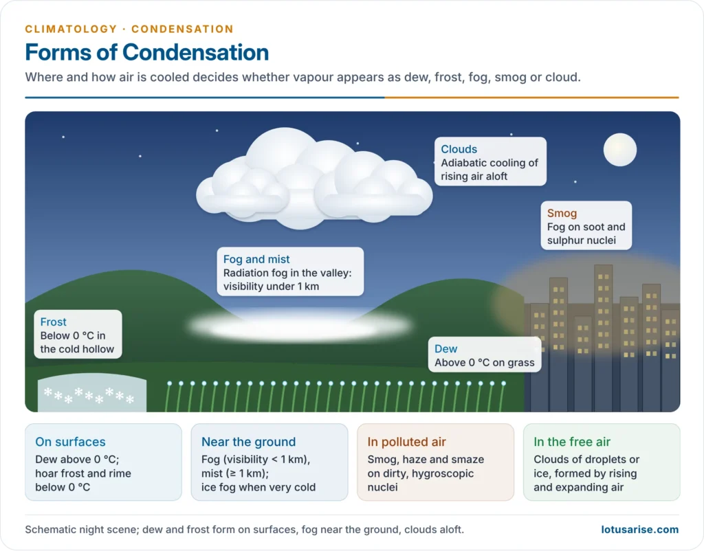Forms of condensation: dew and frost on the ground, fog and mist near the surface, smog over a city and clouds aloft
