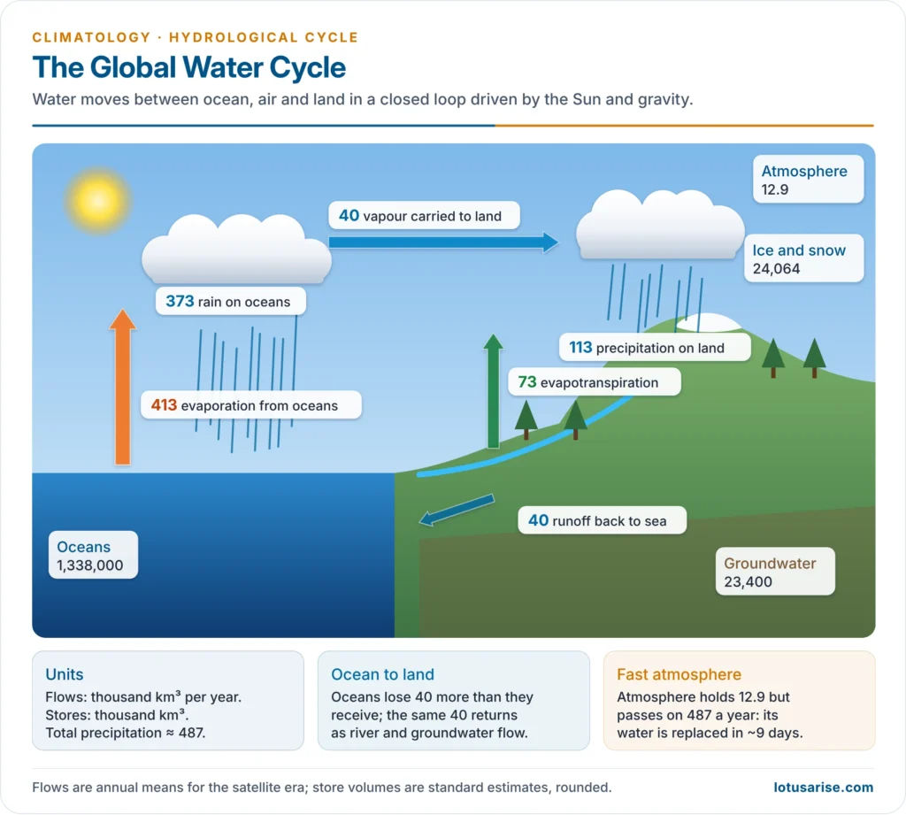 Global water cycle: stores and annual flows of water between ocean, atmosphere and land