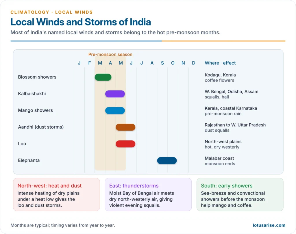 Pre-monsoon local winds and storms of India: loo, dust storms, kalbaishakhi, mango and blossom showers