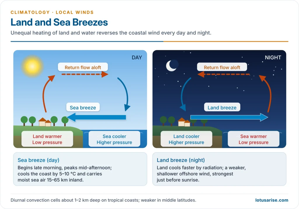 Sea breeze by day and land breeze by night with the small convection cell over the coast