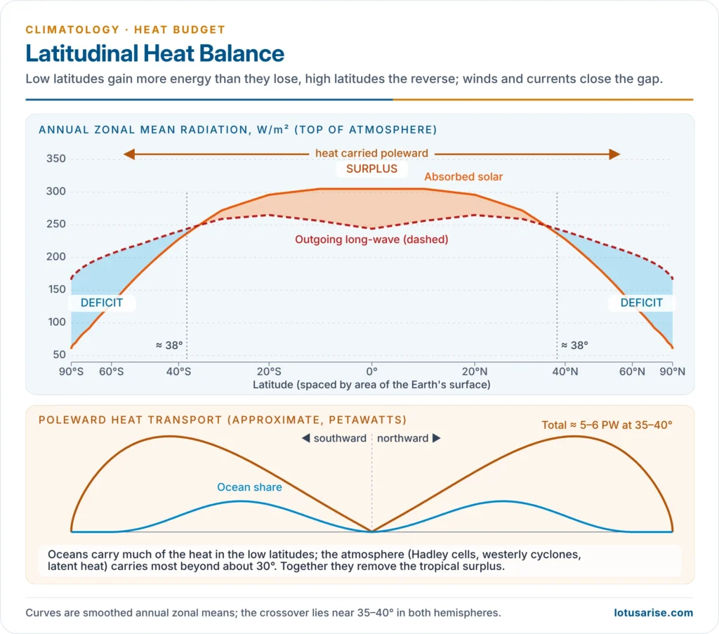 Latitudinal heat balance showing tropical surplus, polar deficit and poleward heat transport