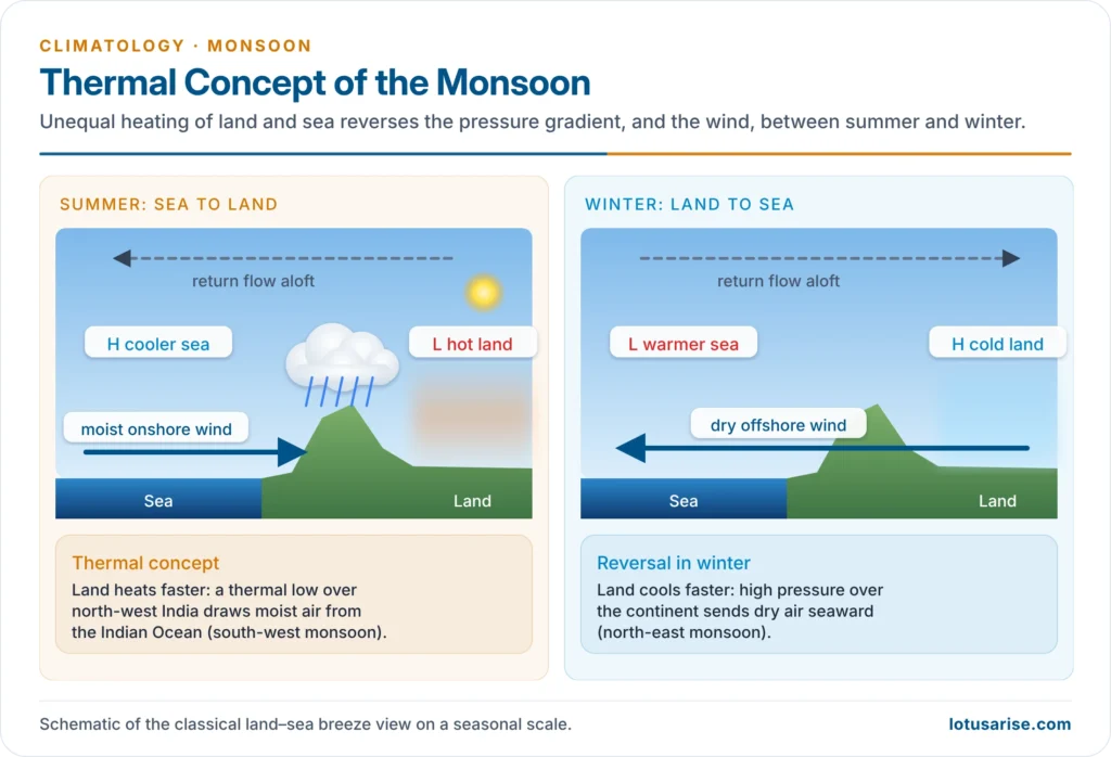 Thermal concept of the monsoon: summer low over land with moist onshore winds and winter high over land with dry offshore winds