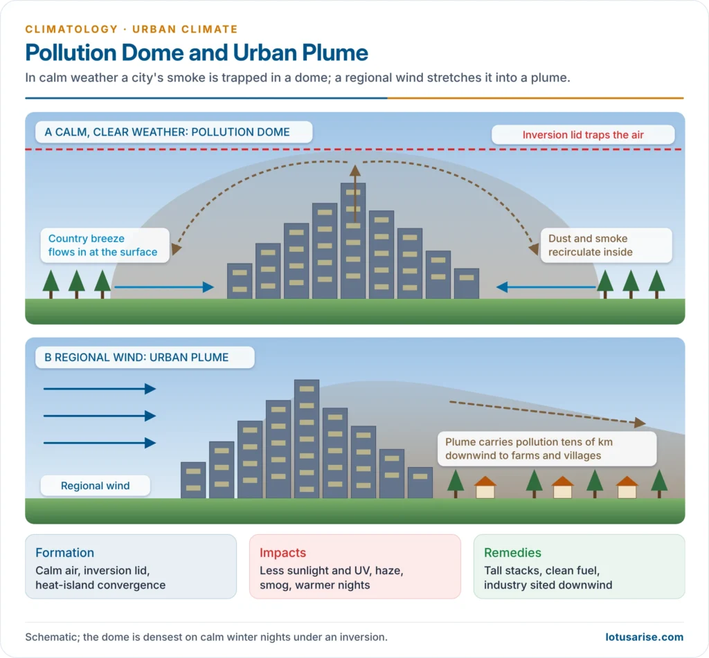 Pollution dome over a city in calm weather and its stretching into an urban plume under a regional wind