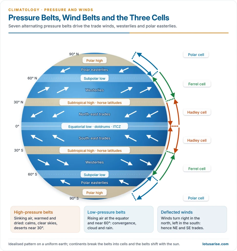 The seven pressure belts of the earth with the trade winds, westerlies, polar easterlies and the three circulation cells