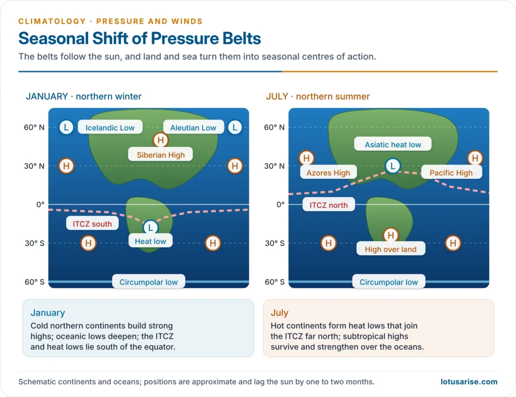 Seasonal shifting of pressure belts and the main centres of action in January and July