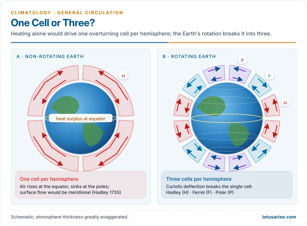 Single convection cell on a non-rotating Earth compared with three cells per hemisphere on the rotating Earth