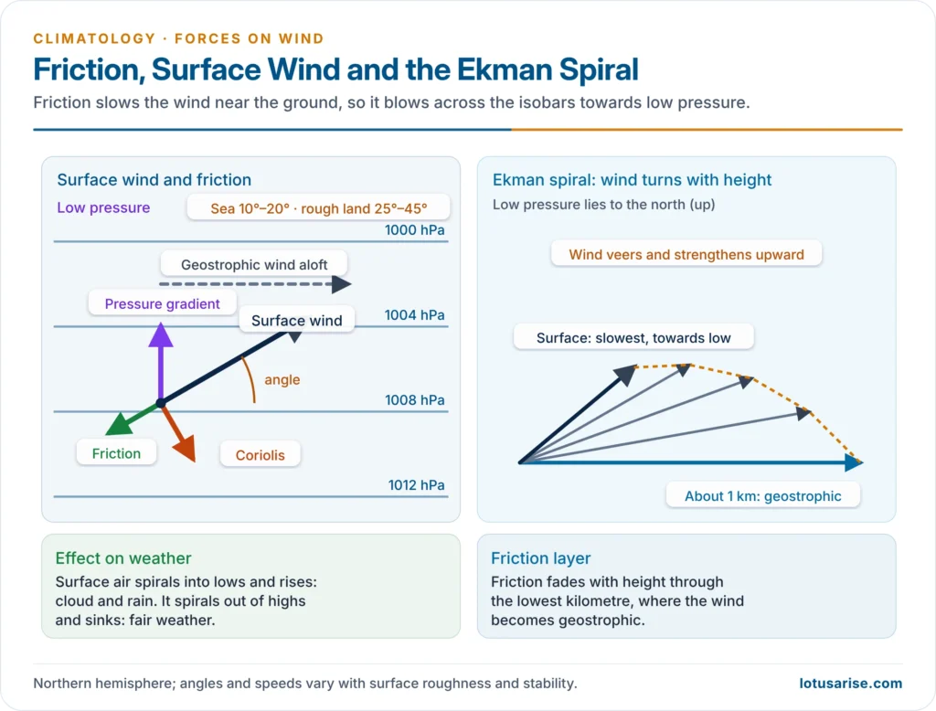 Surface wind crossing isobars towards low pressure because of friction, and the Ekman spiral of wind turning with height