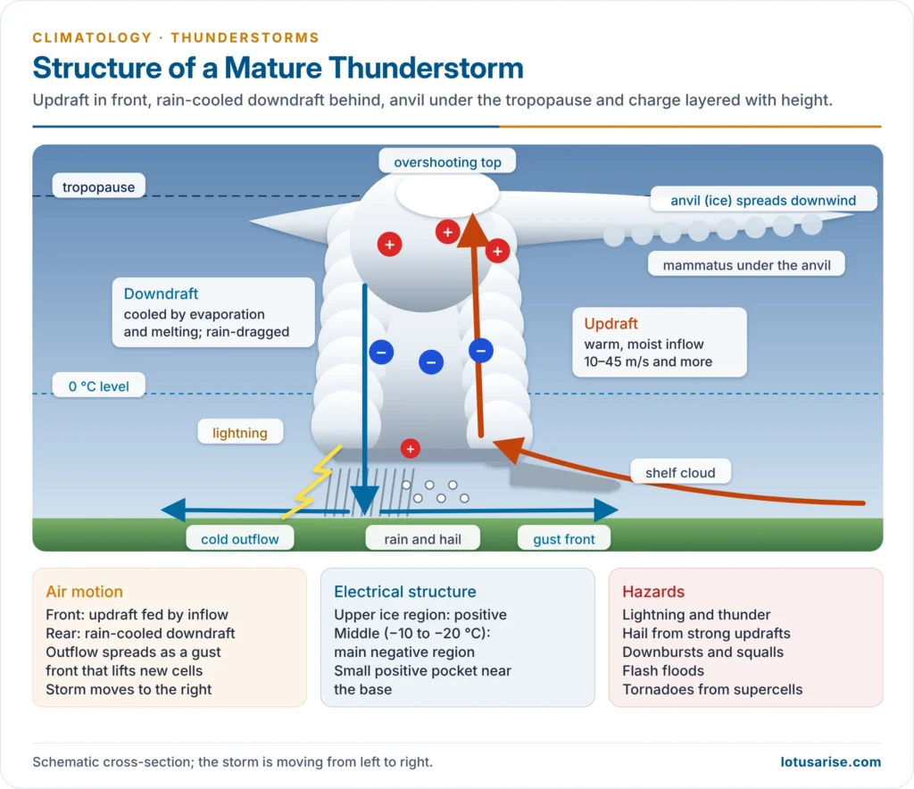 Structure of a mature thunderstorm: updraft, downdraft, anvil, overshooting top, gust front, hail zone and charge centres