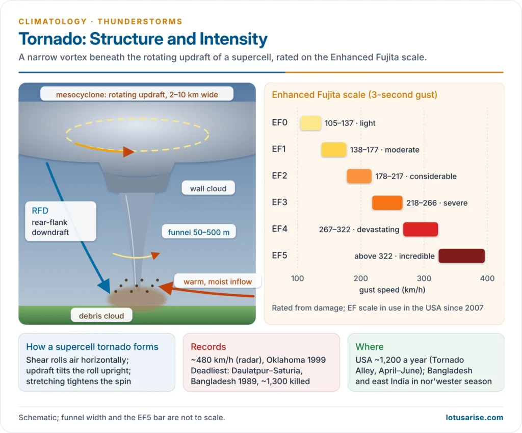 Structure of a supercell tornado and the Enhanced Fujita scale of tornado intensity