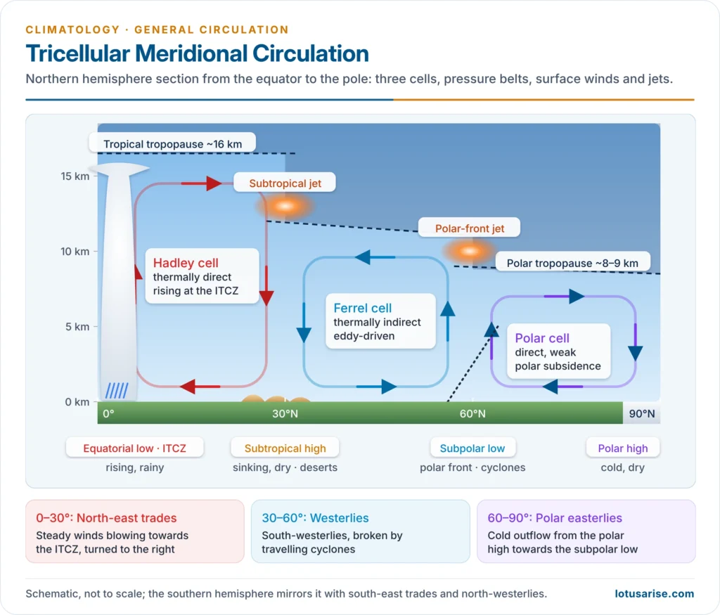 Tricellular meridional circulation of the northern hemisphere with pressure belts, surface winds, tropopause breaks and jet streams