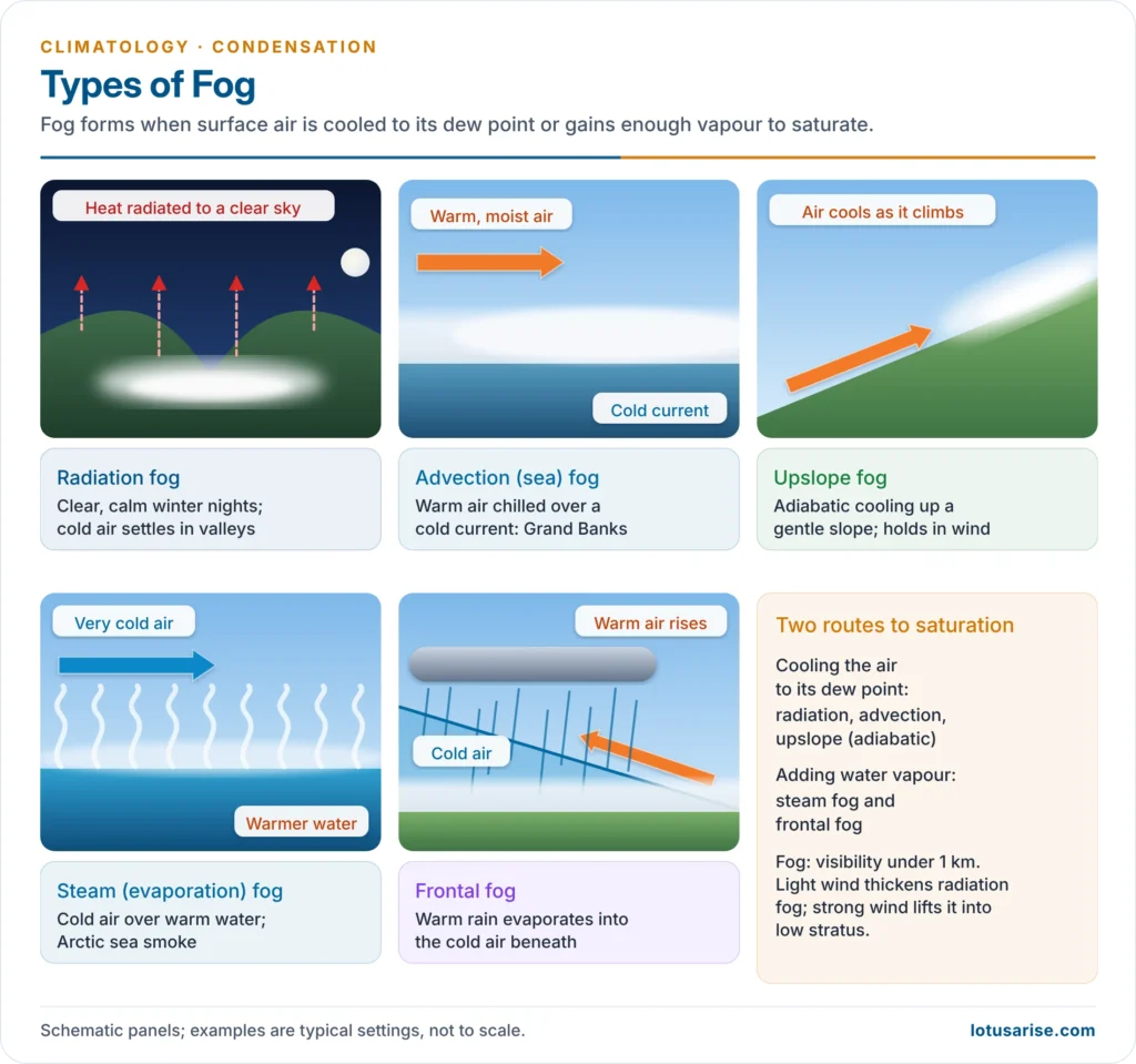 Types of fog: radiation, advection, upslope, steam and frontal fog and how each forms