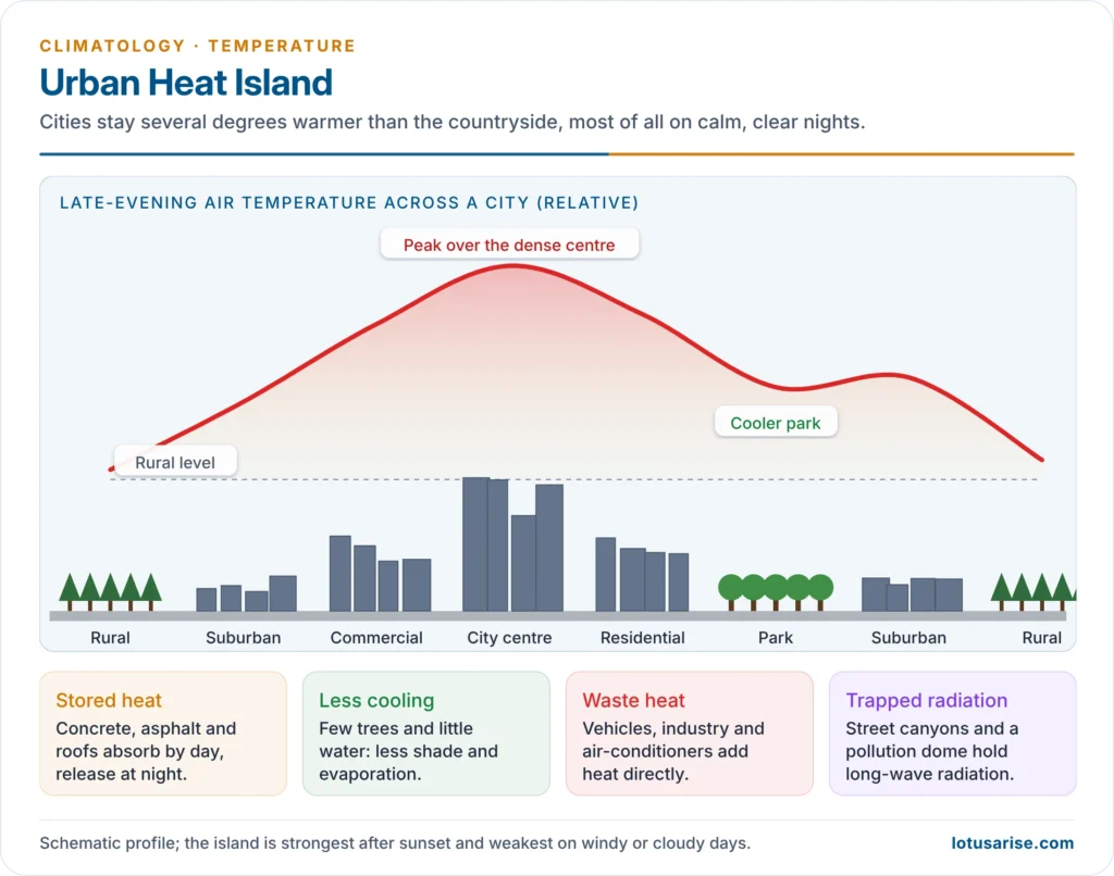 Urban heat island: temperature profile from rural surroundings across suburbs to the city centre