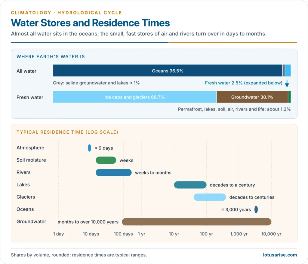 Where Earth's water is stored and how long it stays in each reservoir