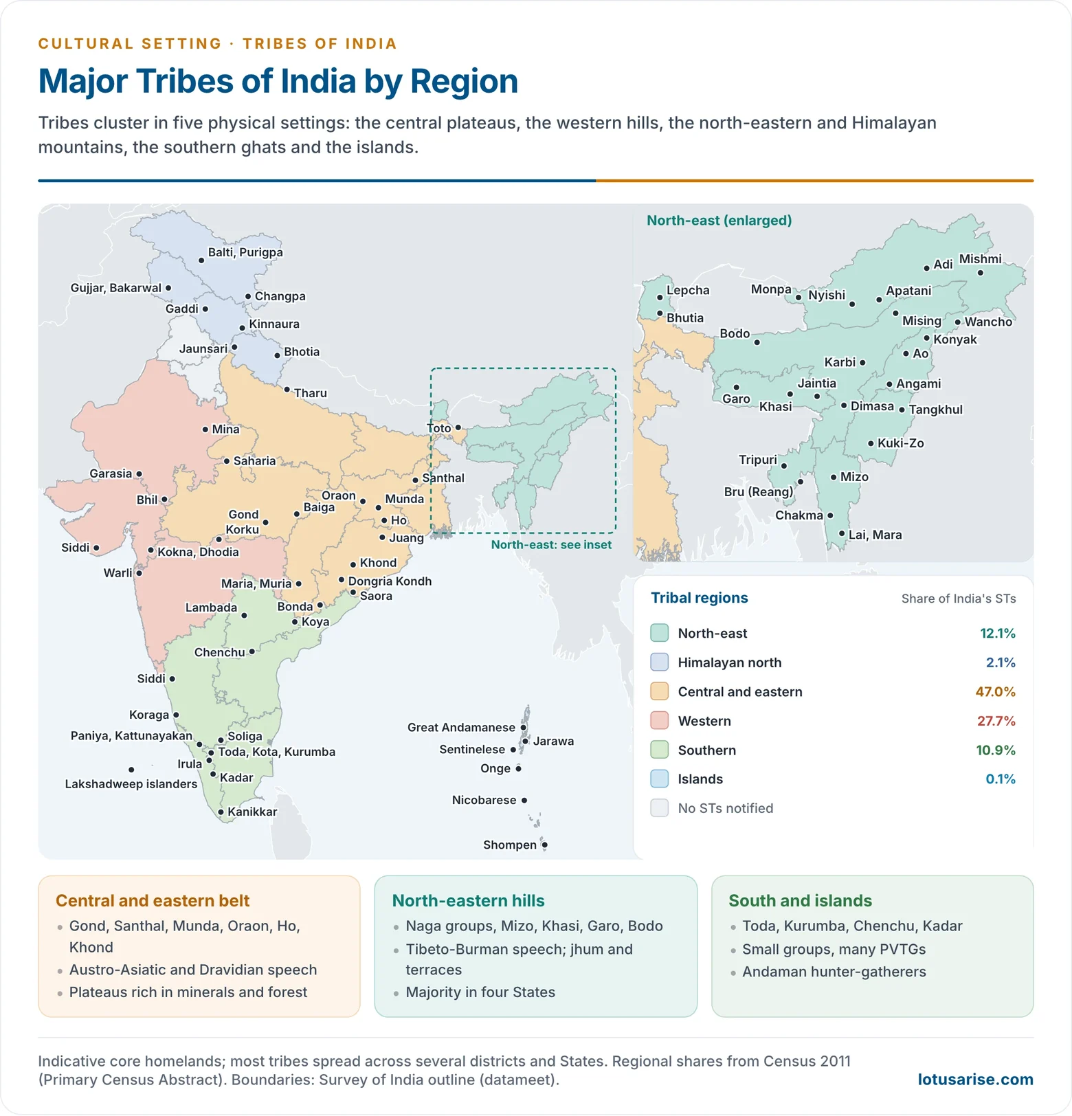 Map of India showing the indicative homelands of major tribes in the north-eastern hills, the Himalaya, the central belt from Gujarat to Odisha, the southern hills and the Andaman and Nicobar Islands