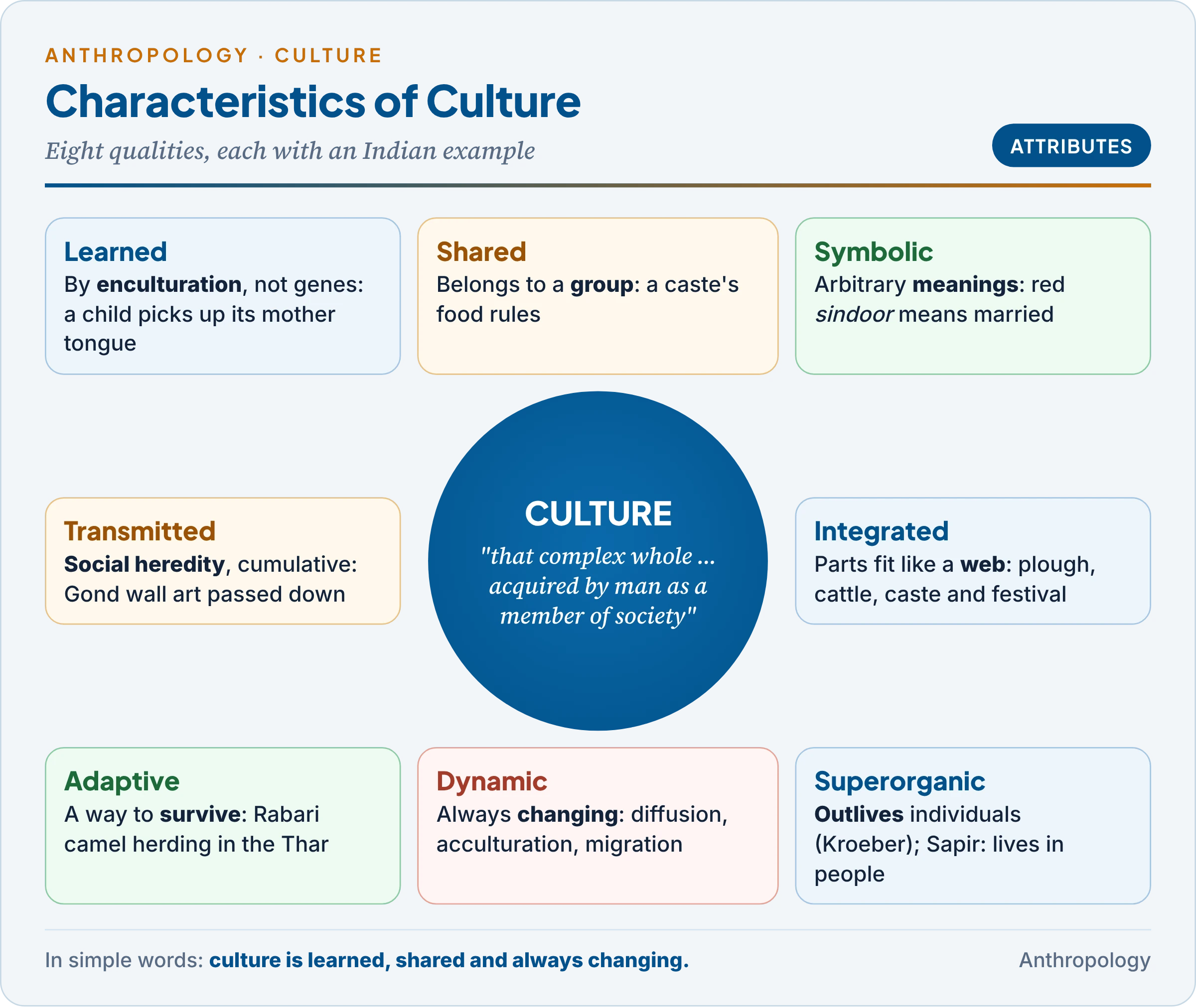 The characteristics of culture: learned, shared, symbolic, transmitted, integrated, adaptive, dynamic and superorganic around Tylor's definition, each with an Indian example