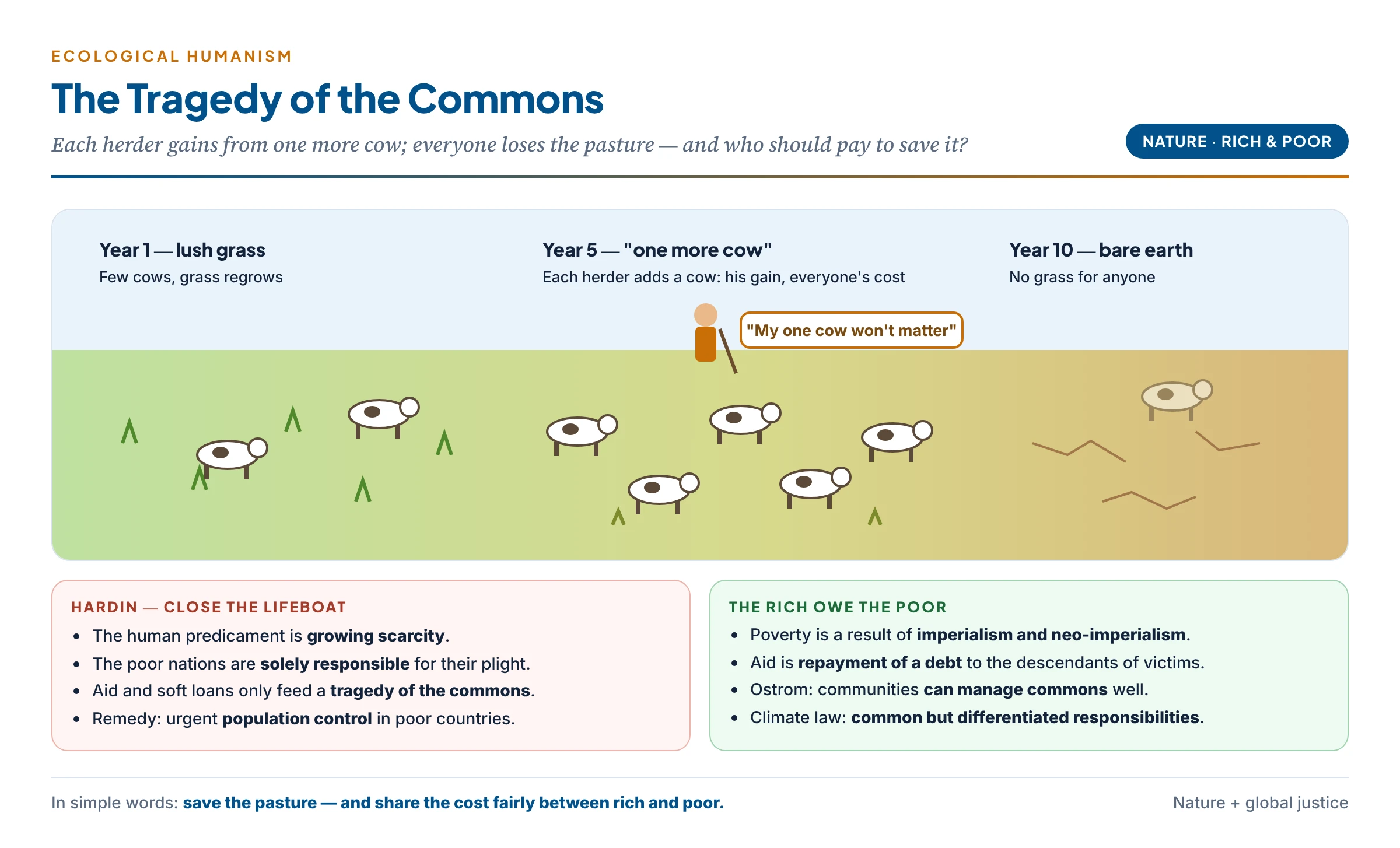 The tragedy of the commons: herders on a shared village pasture each add one more cow until the grass is gone, set beside the two answers — Hardin's "close the lifeboat" and the view that rich nations owe the poor