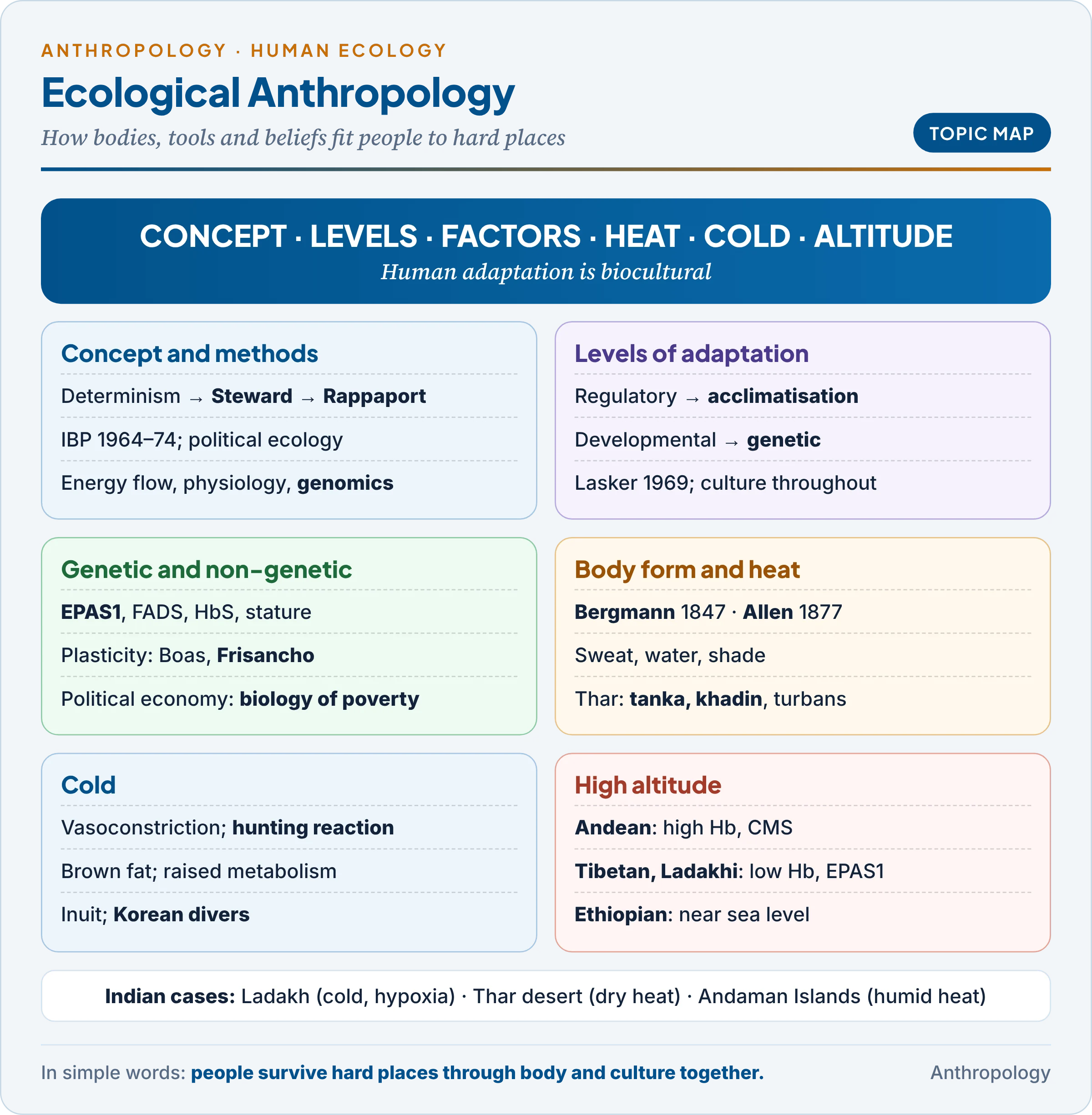 Topic map: the concept and history of ecological anthropology, its methods, the levels of adaptation from behaviour to genes, genetic and non-genetic factors, ecological rules of body size and shape, and human responses to hot desert, cold and high altitude, with Indian cases from Ladakh, the Thar desert and the Andaman Islands