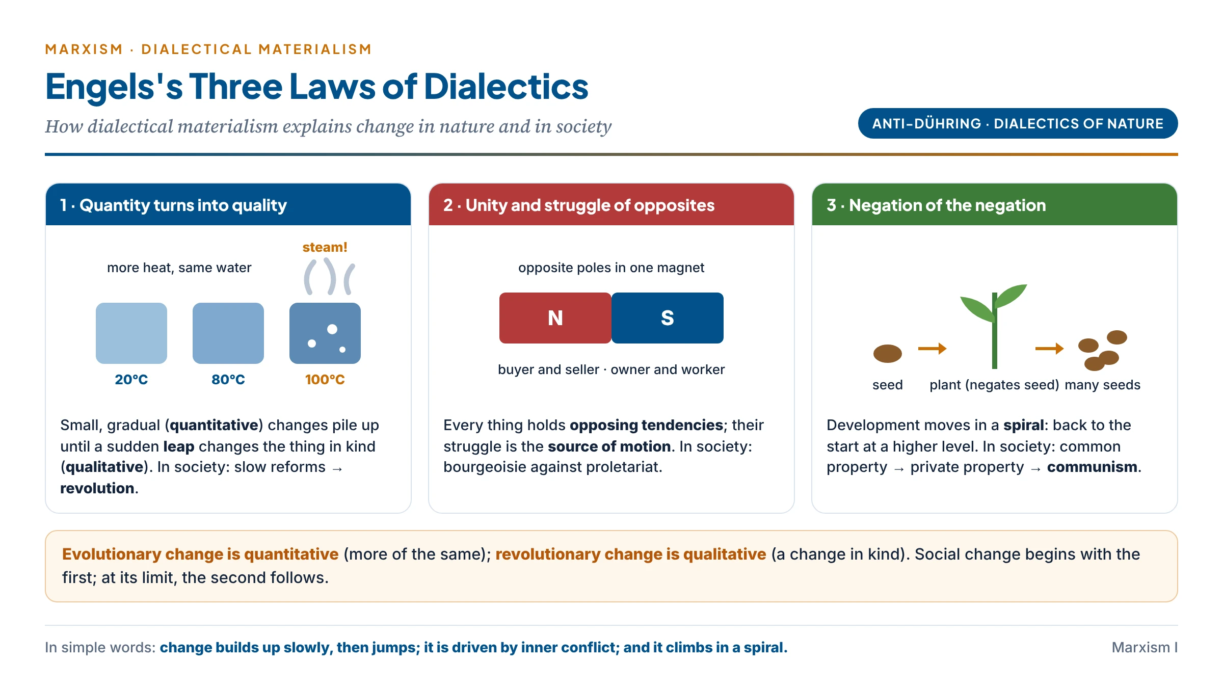 Engels's three laws of dialectics in everyday pictures: a pot of water heated degree by degree until it suddenly boils, for quantity turning into quality; a magnet with north and south poles, for the unity and struggle of opposites; and a seed becoming a plant that bears many seeds, for the negation of the negation