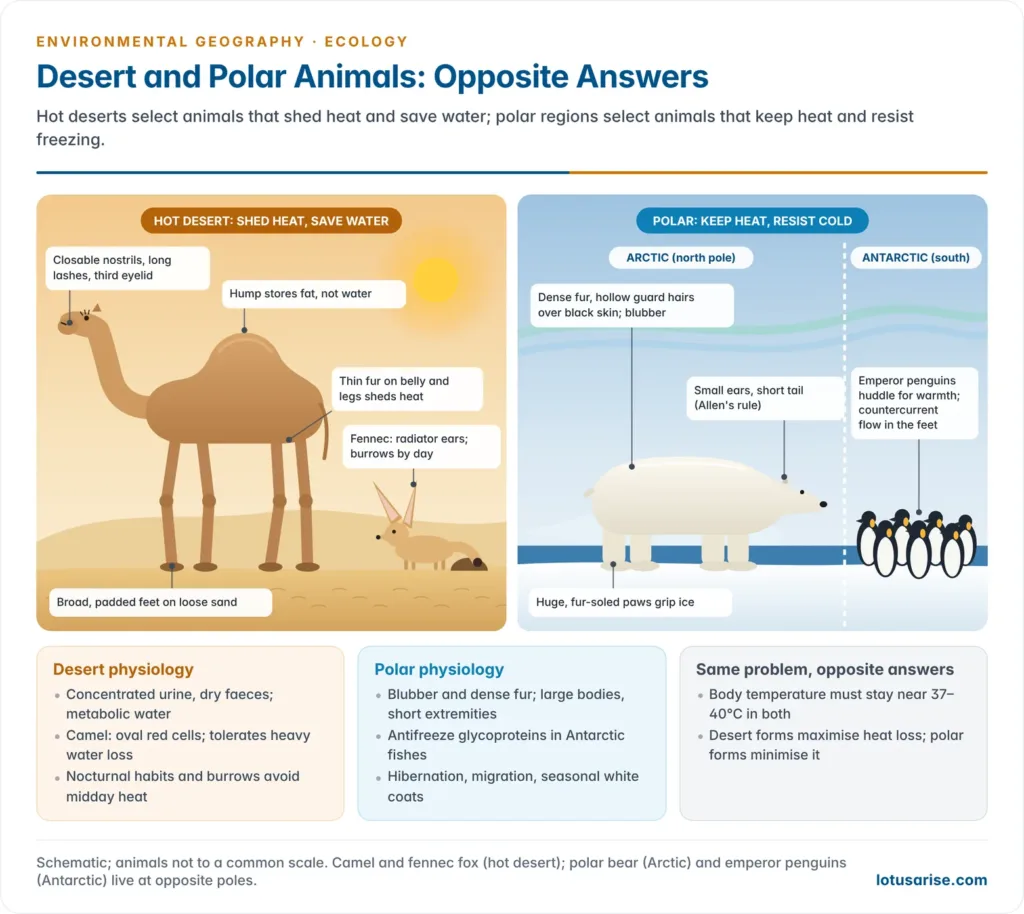 Side-by-side scenes of a hot desert with a camel and a fennec fox and polar scenes split into an Arctic half with a polar bear and an Antarctic half with huddling emperor penguins, labelled with their contrasting adaptations for losing heat and saving water versus keeping heat and resisting cold