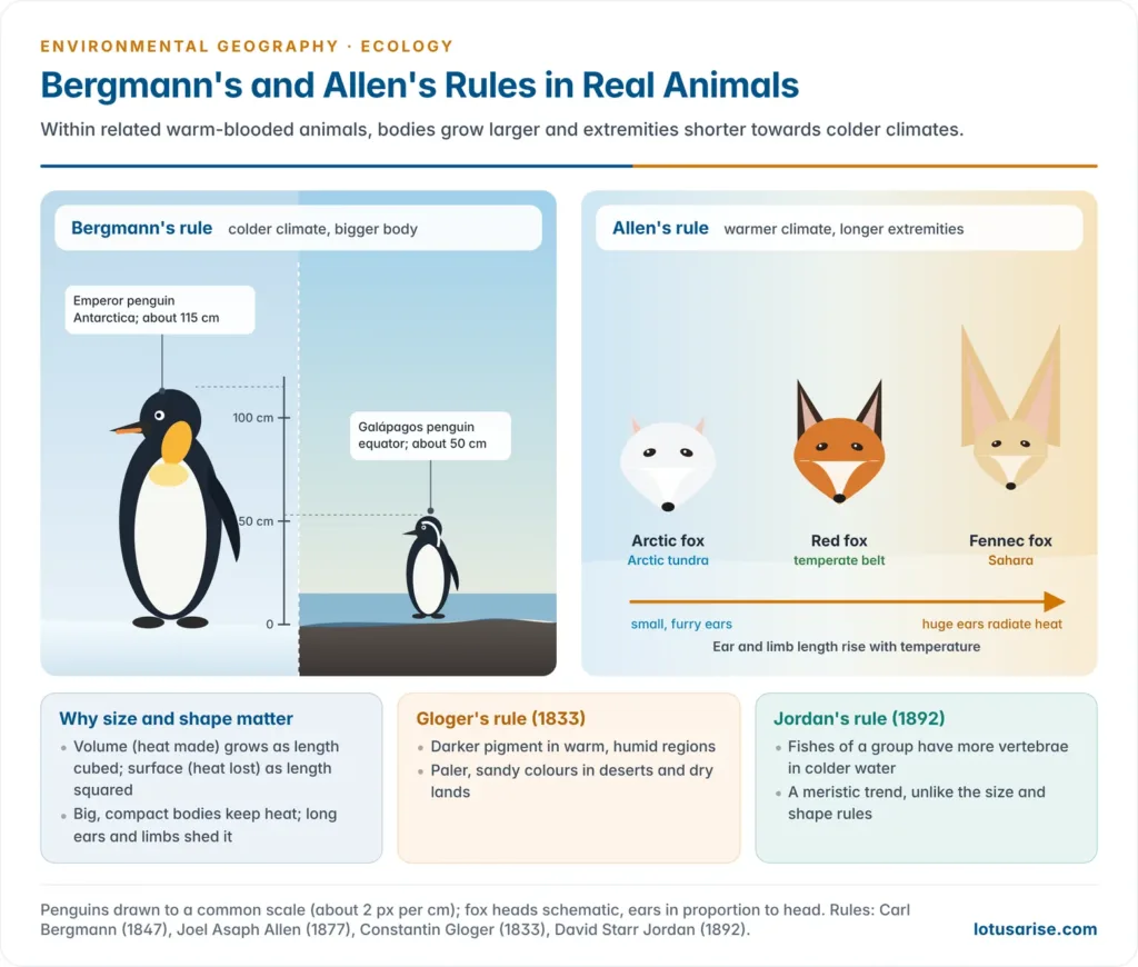 Bergmann's rule shown with the emperor penguin of Antarctica beside the much smaller Galápagos penguin of the equator, and Allen's rule shown with the short-eared Arctic fox, the red fox and the large-eared fennec fox along a temperature gradient, with Gloger's and Jordan's rules in side panels