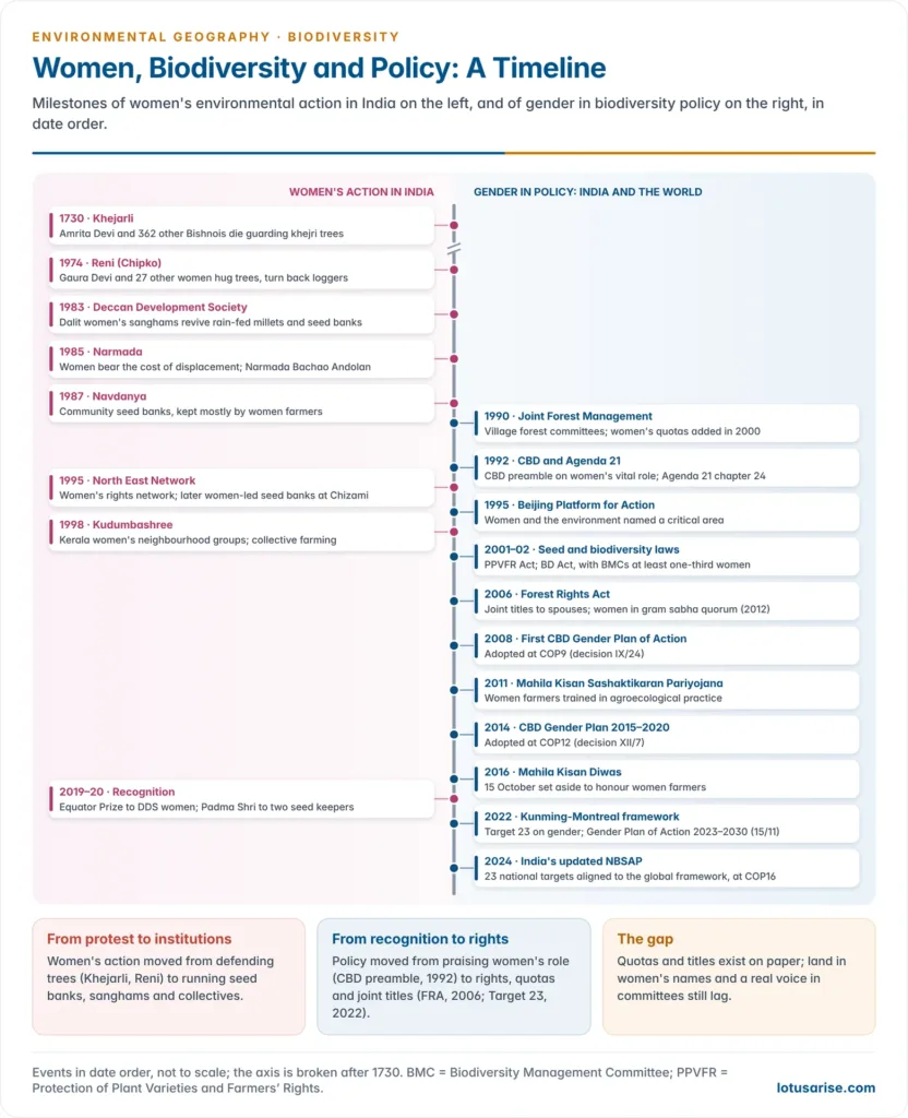 Timeline of women's environmental action and gender policy in India and the world, from Khejarli in 1730 and Chipko at Reni in 1974 through Deccan Development Society, Navdanya, North East Network and Kudumbashree to the Forest Rights Act 2006 and the CBD Gender Plan of Action 2023 to 2030