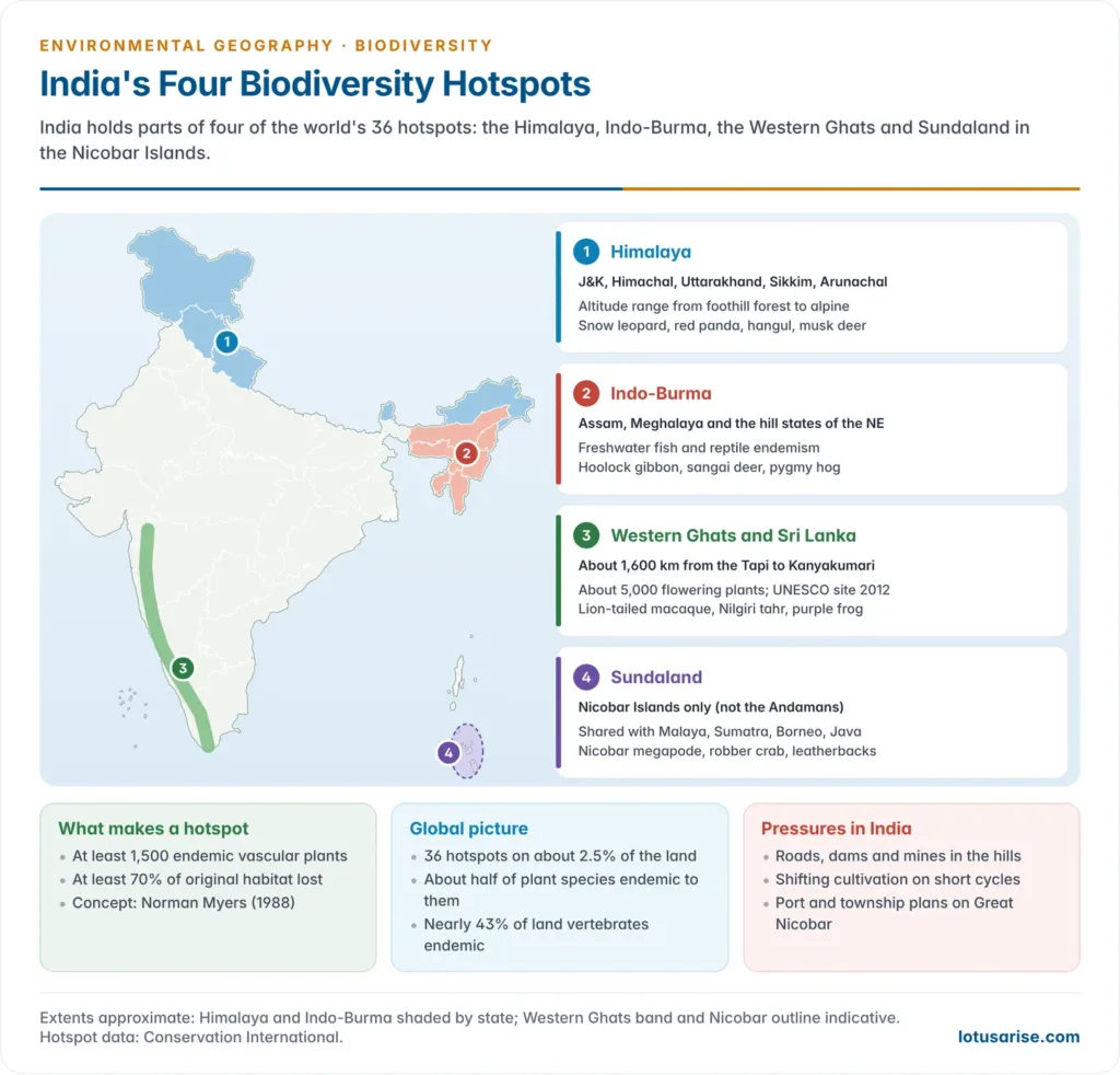 Map of India showing the approximate extent of its four biodiversity hotspots, the Himalaya, Indo-Burma, the Western Ghats and Sundaland in the Nicobar Islands, with a key species for each