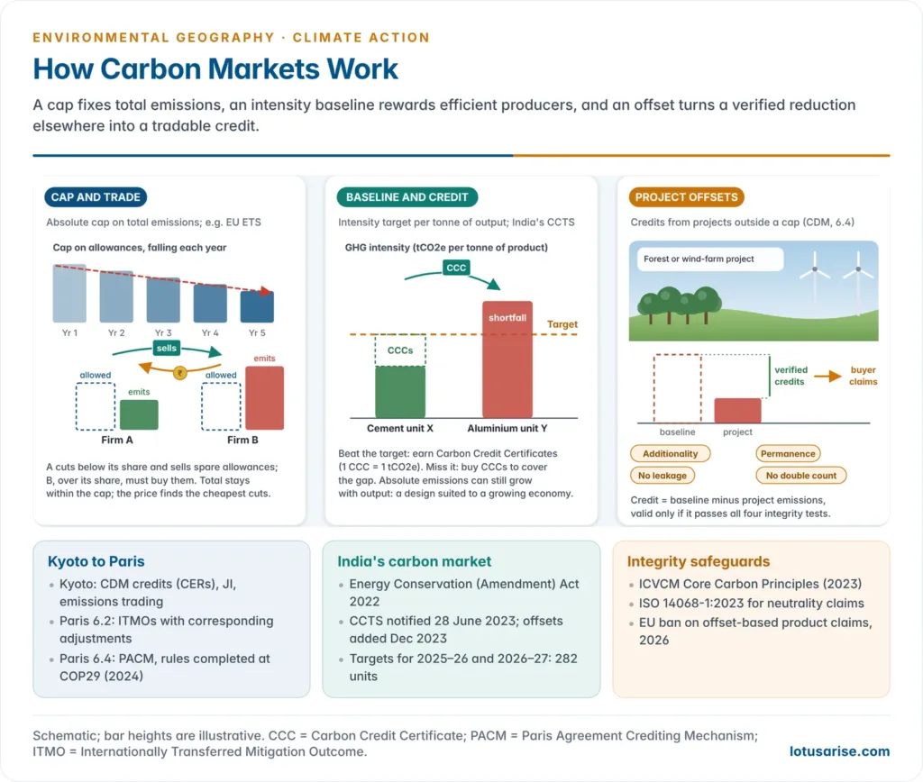 Three panels comparing cap and trade with a falling cap and traded allowances, baseline and credit as used in India's carbon market, and project-based offsets that sell verified credits to buyers, with the integrity tests of additionality, permanence and leakage