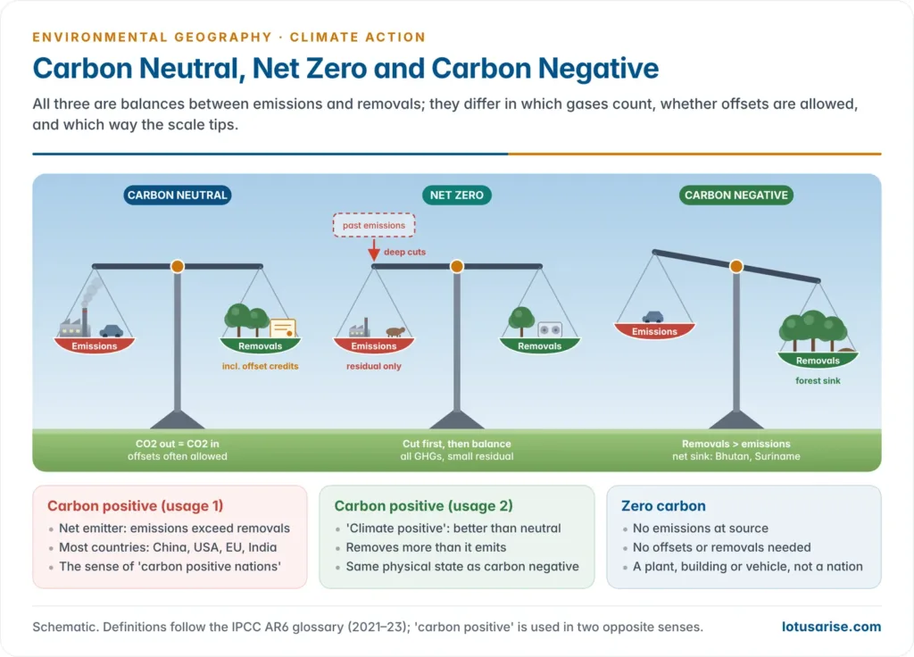 Three balance scales comparing carbon neutral, net zero and carbon negative states, showing emissions on one pan and removals by forests, soils and technology on the other, with the two meanings of carbon positive explained below