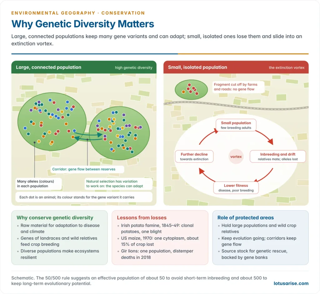 Diagram contrasting a large connected wild population with high genetic diversity and a small isolated population caught in an extinction vortex of inbreeding and drift, with panels on crop genetic resources and the role of protected areas and corridors